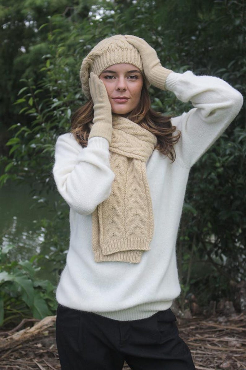 Pure Alpaca Beanie women in chunky cable knit pattern, honey colored.