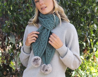 Chunky Cable Scarf Knitwear with Fur Pompom, Made with Possum Fur and Merino Wool.