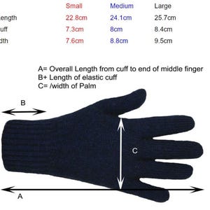 May include: Diagram showing how to measure a glove for size. The diagram shows a dark blue glove with lines indicating the measurements for overall length, elastic cuff, and palm width. The measurements are labelled A, B, and C. The text below the diagram explains that A is the overall length from the cuff to the end of the middle finger, B is the length of the elastic cuff, and C is the width of the palm.