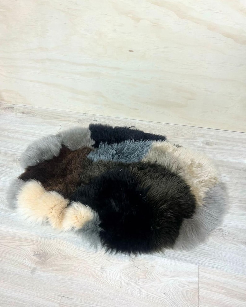 Oval Sheepskin Pet Bed – Multi-Colour Patched Design