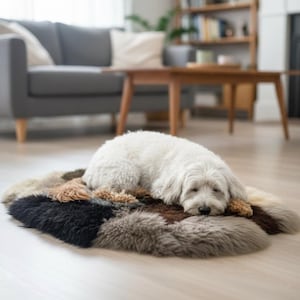 May include: A white dog resting on a multi-colored, patchwork pet bed. The bed features patches of black, brown, tan, and gray faux fur. The dog is lying down, with its head resting on the bed. The scene is set in a living room.
