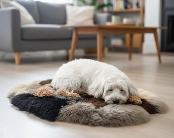 Sheepskin Pet Bed, Multi-Colour Patchwork, Natural Comfy Bed, NZ Made