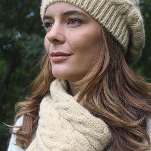 Pure Alpaca Beanie women in chunky cable knit pattern, honey colored.