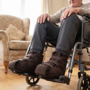 May include: A pair of dark brown suede slippers with a soft interior lining and two adjustable hook-and-loop straps across the top. The slippers feature a rounded toe design and are worn by an individual seated in a metal wheelchair.