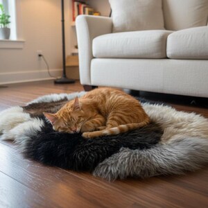 Oval Sheepskin Pet Bed – Multi-Colour Patched DesignSheepskin Pet bed