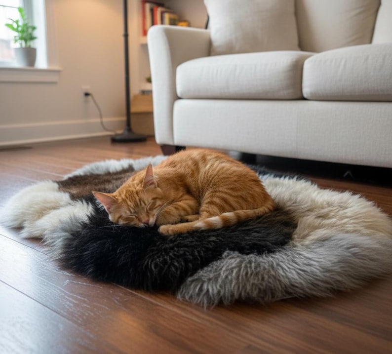 Oval Sheepskin Pet Bed – Multi-Colour Patched DesignSheepskin Pet bed