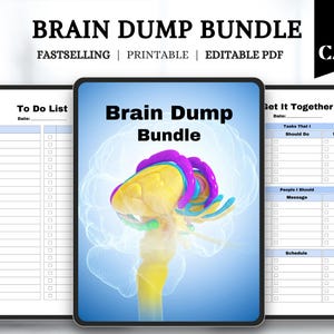 May include: A digital Brain Dump Bundle with a brain graphic, and the text "Brain Dump Bundle". The bundle includes printable and editable PDF templates for to-do lists and organization. The image also includes the text "Edit in Canva".
