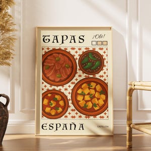 Spanish Tapas Poster – Vintage Style Kitchen Wall Art, Made in Spain Print, Patatas Bravas & Tapas Illustration, Castellon Food Decor&quot;