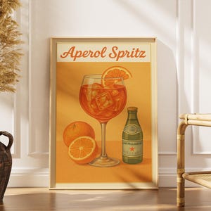 Aperol Spritz Wall Art Retro Cocktail Print Poster with San Pellegrino & Orange Vibrant Summer Bar Decor for Kitchen or Dining Room