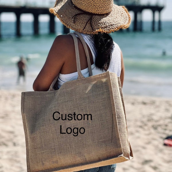 Custom Large Burlap Tote Bag, Reusable Gift Bag, Promo Tote Bag, Bridesmaid Tote Bag, Gift Bag, size 15" 1/2 x 13" 3/4 x 6"