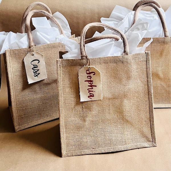 Medium Burlap Tote Bag with Personalized Name Tag, reusable Gift Bag Beach tote Bag, Bridesmaid Tote Bag