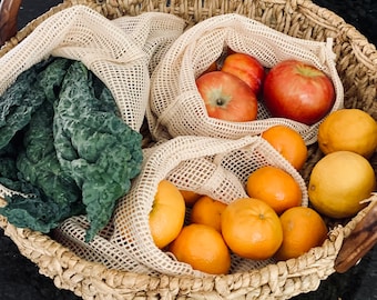 Zero Waste, 6 Reusable Grocery Bags in canvas pouch, Zero waste Grocery Bag, Reusable Cotton Mesh produce bags, Sustainable Living