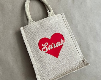 Personalized Heart Tote Bag, Custom burlap tote for Her, Custom Name Valentine's Gift Bag