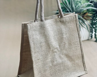 Custom Burlap Tote Bag, Reusable Gift Bag, Beach Tote Bag, personalized Bridesmaid Tote Bag, welcome bag, size Medium 12"x12"x7"3/4 D