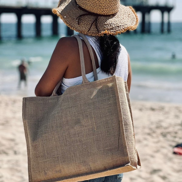 Large Burlap Tote Bag, Reusable Gift Bag, Beach Tote Bag, Bridesmaid Tote Bag, Gift Bag, size 15" 1/2 x 13" 3/4 x 6"