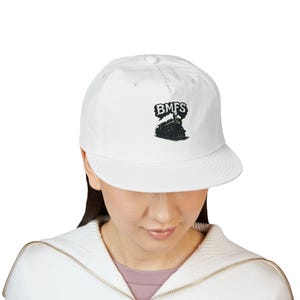 BMFS Train Flat Cap | Printed Vintage Train Logo, White Snapback Hat, bluegrass lovers hat