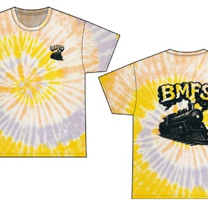May include: Tie-dye t-shirt with a yellow, white, and purple spiral pattern. The front features a small logo, while the back displays "BMFS" text above a black train illustration. A casual, colorful apparel item.