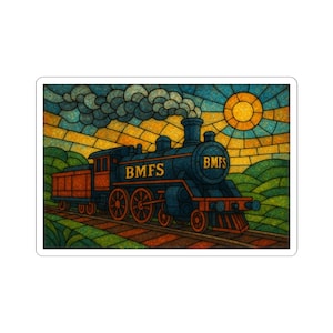 Peut inclure: Autocollant représentant une locomotive à vapeur bleu marine avec l'inscription dorée "BMFS". L'image a un effet vitrail, avec un soleil et des collines vertes en arrière-plan. Le train est sur une voie ferrée marron. Le design est de style vintage.