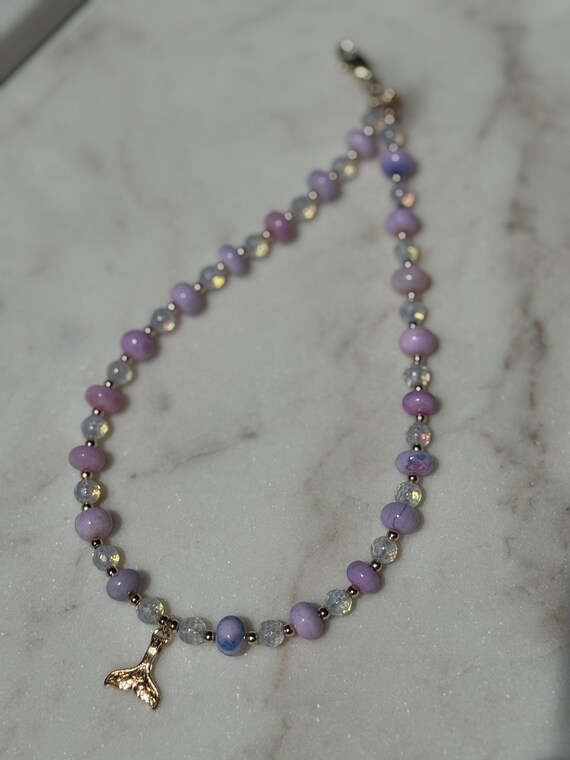 Moonstone Mermaid Necklace: Lilac Opal Beaded Charm, Gold Plated