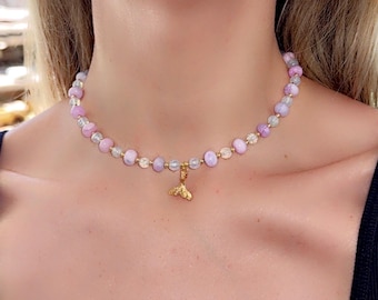 Moonstone Mermaid Necklace: Lilac Opal Beaded Charm, Gold Plated