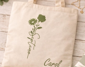 Personalized Tote Bag Floral Monogram letter initial or Birth Month Flower- customized text optional.