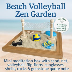 May include: A miniature Zen garden with a beach theme. It includes a volleyball net, a yellow and blue volleyball, black sunglasses, blue and yellow flip-flops, shells, and rocks. The text reads "Beach Volleyball Zen Garden" and "Mini meditation box".