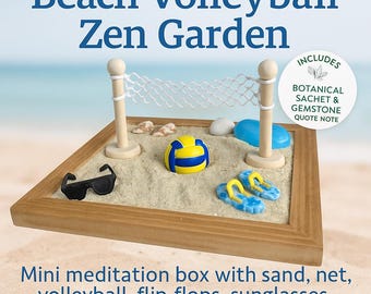 Beach Volleyball Zen Garden Serenity Box – Beach sports- Mini Desk Meditation Kit with Sand| miniature Relaxation gift- tabletop Décor 6"x6"
