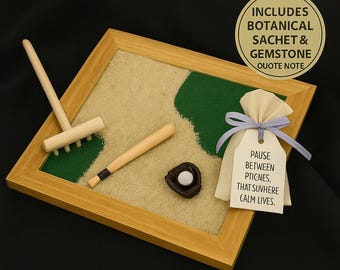 Baseball Zen Garden Box: Miniature Desk Decor with Gemstone & Sachet