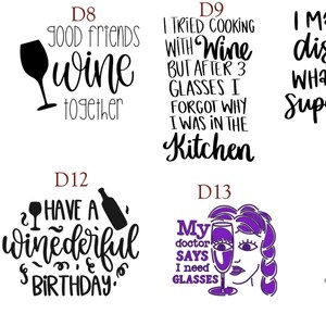 May include: A collection of eight black and purple graphic designs featuring wine-themed illustrations and text including phrases like It's wine o'clock, Good friends wine together, I tried cooking with wine, I make wine disappear, and Partners in wine.