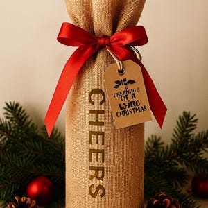 May include: A tan burlap wine bottle gift bag featuring the word CHEERS printed vertically in dark brown. The bag is tied with a red satin ribbon and includes a brown paper tag with the text DREAMING OF A WINE CHRISTMAS and a holly icon.