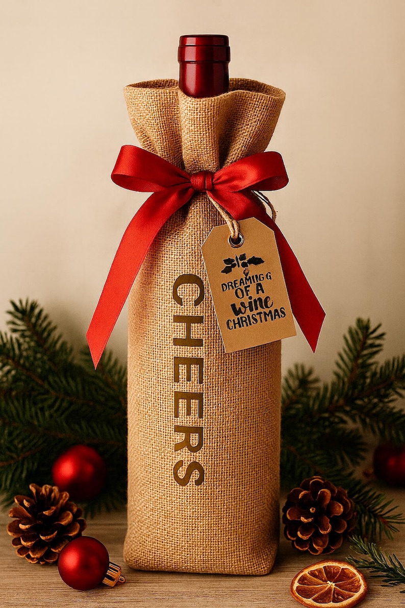 May include: A tan burlap wine bottle gift bag featuring the word CHEERS printed vertically in dark brown. The bag is tied with a red satin ribbon and includes a brown paper tag with the text DREAMING OF A WINE CHRISTMAS and a holly icon.