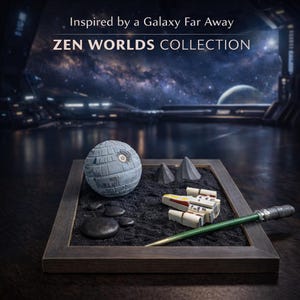 Zen Star Worlds Galaxy inspired: Desk Relaxation Kit with Gemstone & Sachet – Sci-Fi Garden with saber Rake - unique gift.