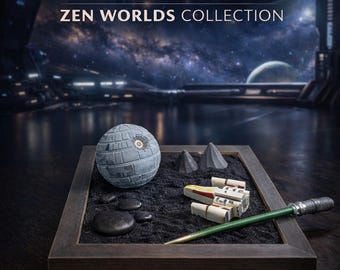 Zen Star Worlds Galaxy inspired: Desk Relaxation Kit with Gemstone & Sachet – Sci-Fi Garden with saber Rake - unique gift.