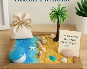Zen Garden Beach Paradise Serenity Box – Sea Beach Ocean| miniature Relaxation gift & meditation Home desktop Décor 6"x6"