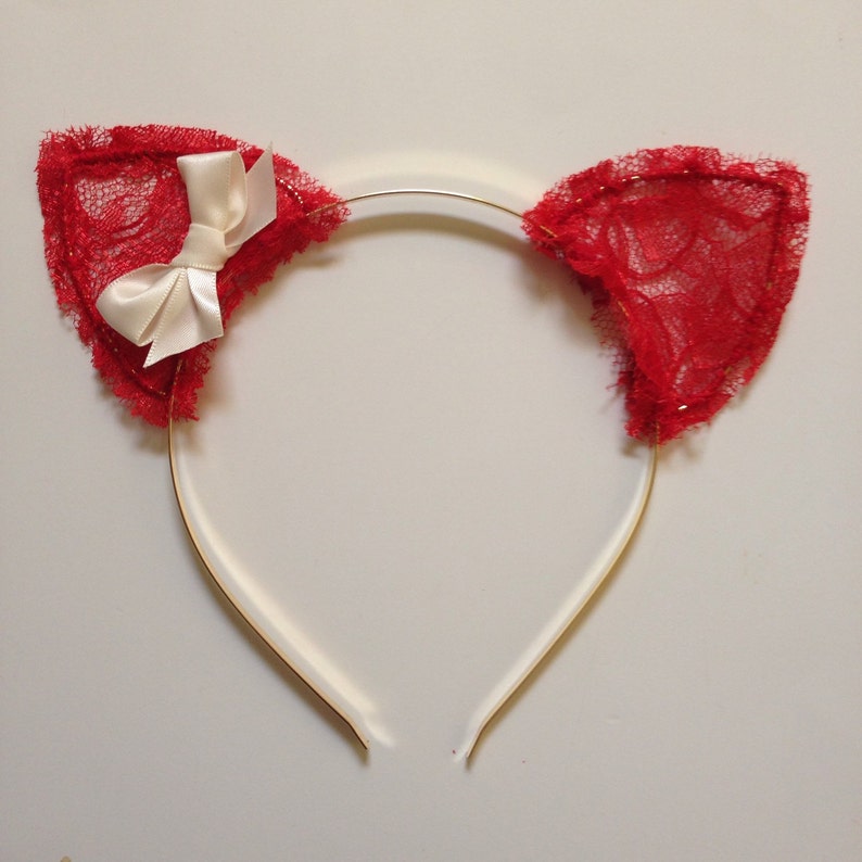 Lace Cat Ears in Red with Bow Etsy