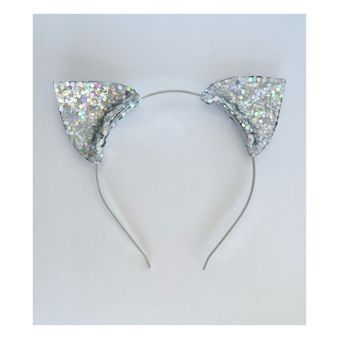 Cosmic Glitter Cat Ears iridescent Glitter Cat Ears Rainbow Silver Glitter Cat Ear Headband Etsy