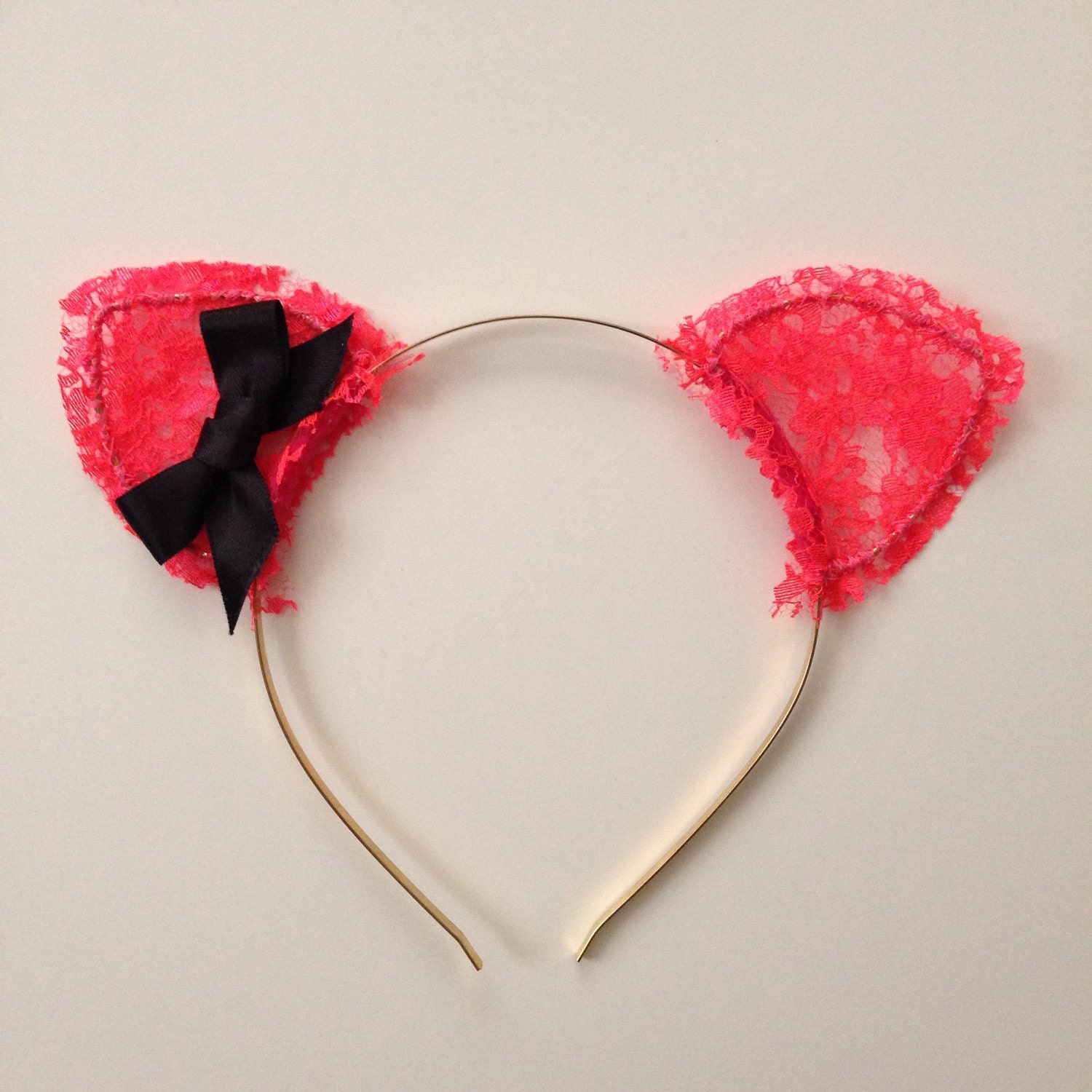 Hot Pink Lace Cat Ears with Black Bow Etsy
