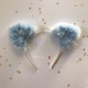 Hemelsblauwe harige kattenoren met klatergoud - lichtblauwe kattenoren - zachte blauwe kattenoor hoofdband - zachte kittenoren - festival hoofdband - blauw kattenoor