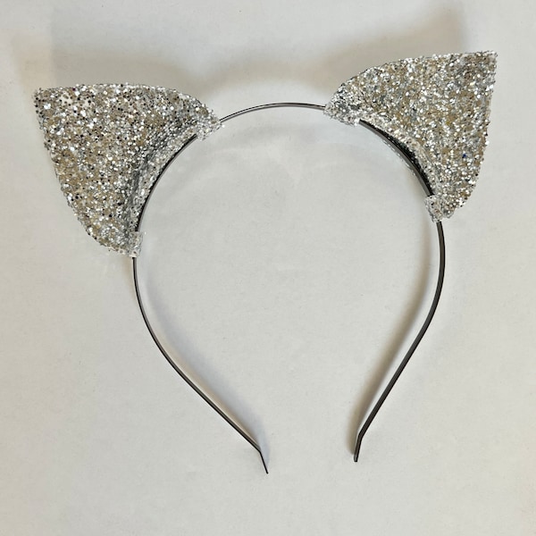 Silver Glitter Cat Ear Headband - Glittery Cat Ears - Glitter Cat Headband in Silver - Cat Ears - Sparkly Cat Headband