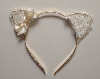 Cream Lace Cat Ears with Bow - Lace Kitten Ears - Lace Cat Ear Headband - Lace Cat Ears with Bow - Kitten Ears in Lace - Cat Ear Headband
