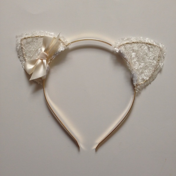 Cream Lace Cat Ears with Bow - Lace Kitten Ears - Lace Cat Ear Headband - Lace Cat Ears with Bow - Kitten Ears in Lace - Cat Ear Headband