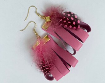 Pink Leather + Feather Earrings - Leather Earrings - Feather Style Earrings - Pink Leather - Pink Feathers - Country Girl Jewelry