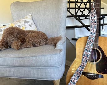 Golden Jacquard Guitar Strap with Leather End, Adjustable Cotton Embroidered Strap for Acoustic Electric Bass, Comfortable Wide Guitar Strap