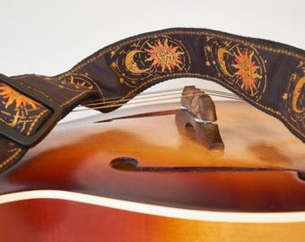 Sun Moon Embroidered Guitar Strap Set with Cowhide Leather Ends – Adjustable Boho Guitar Strap for Acoustic Electric Bass, Locks & Picks