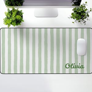 Preppy Green Stripes Desk Mat, Custom Office Pad, Preppy Gift for Her, Personalized Mat, Sage Green and White Work Desk Accessory