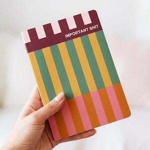 May include: A colorful notebook with vertical stripes in green, yellow, and orange, and a pink and orange section at the bottom. The top section is burgundy with pink and white rectangles, and the text "IMPORTANT SHIT" is printed on the top.