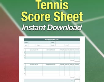 印刷可能なテニス試合スコアカードシート、シングルス3つ / ダブルス2つ、即時ダウンロード