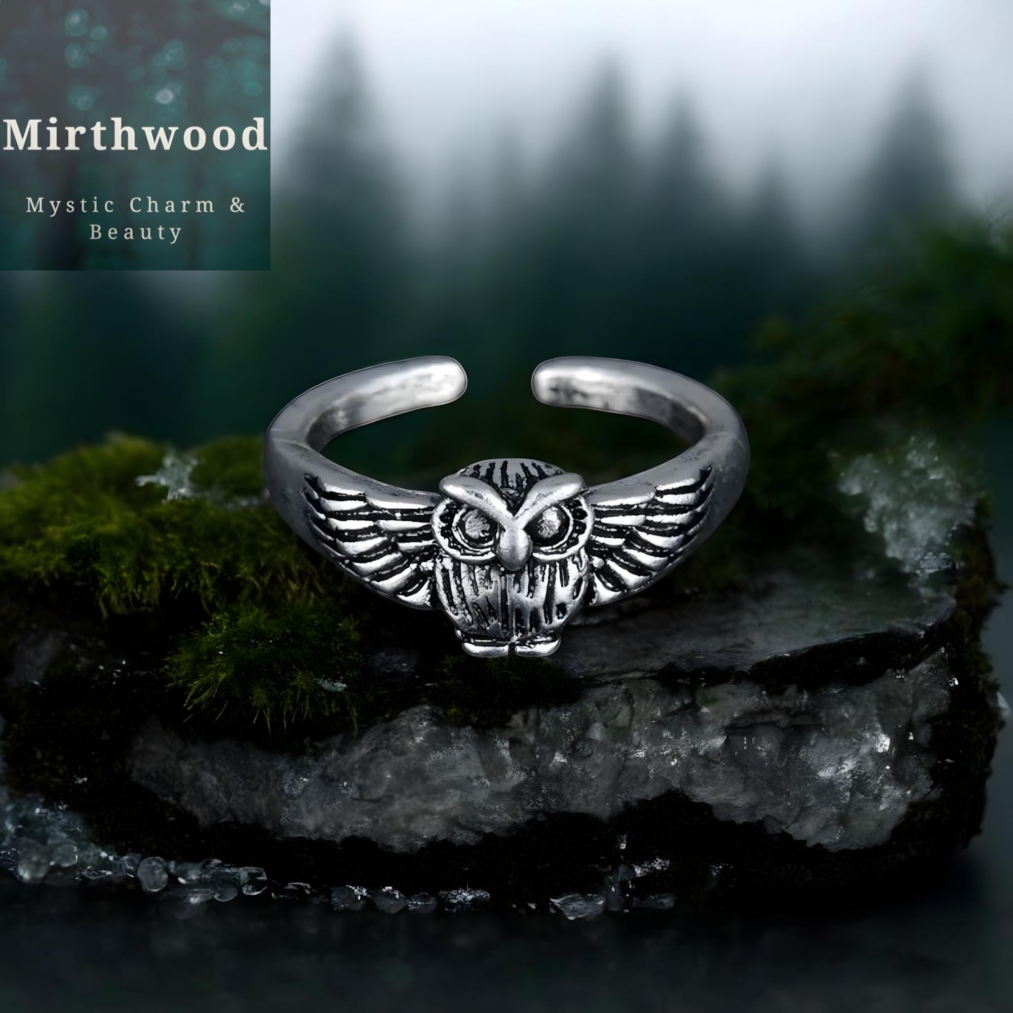 Silver Owl Adjustable Ring, 925 Silver Gothic Style Owl Jewellery, Unique Mythical Owl Ring Gift for