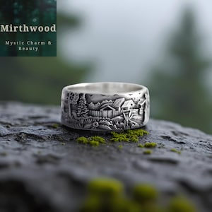 Può includere: Un anello d'argento con un design paesaggistico dettagliato. L'anello presenta una scena rurale con una casa, alberi e uccelli. Il testo "Mirthwood" e "Mystic Charm & Beauty" è visibile in alto a sinistra.