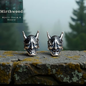 Boucles d&#39;oreilles en argent sterling avec masque d&#39;oni : bijoux vintage japonais